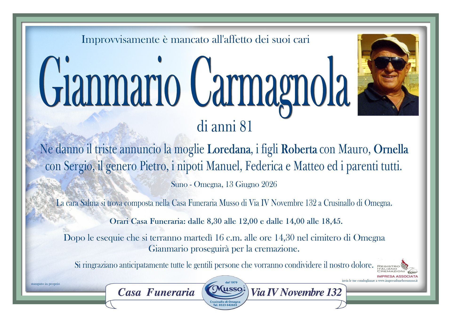 necrologio Gianmario Carmagnola