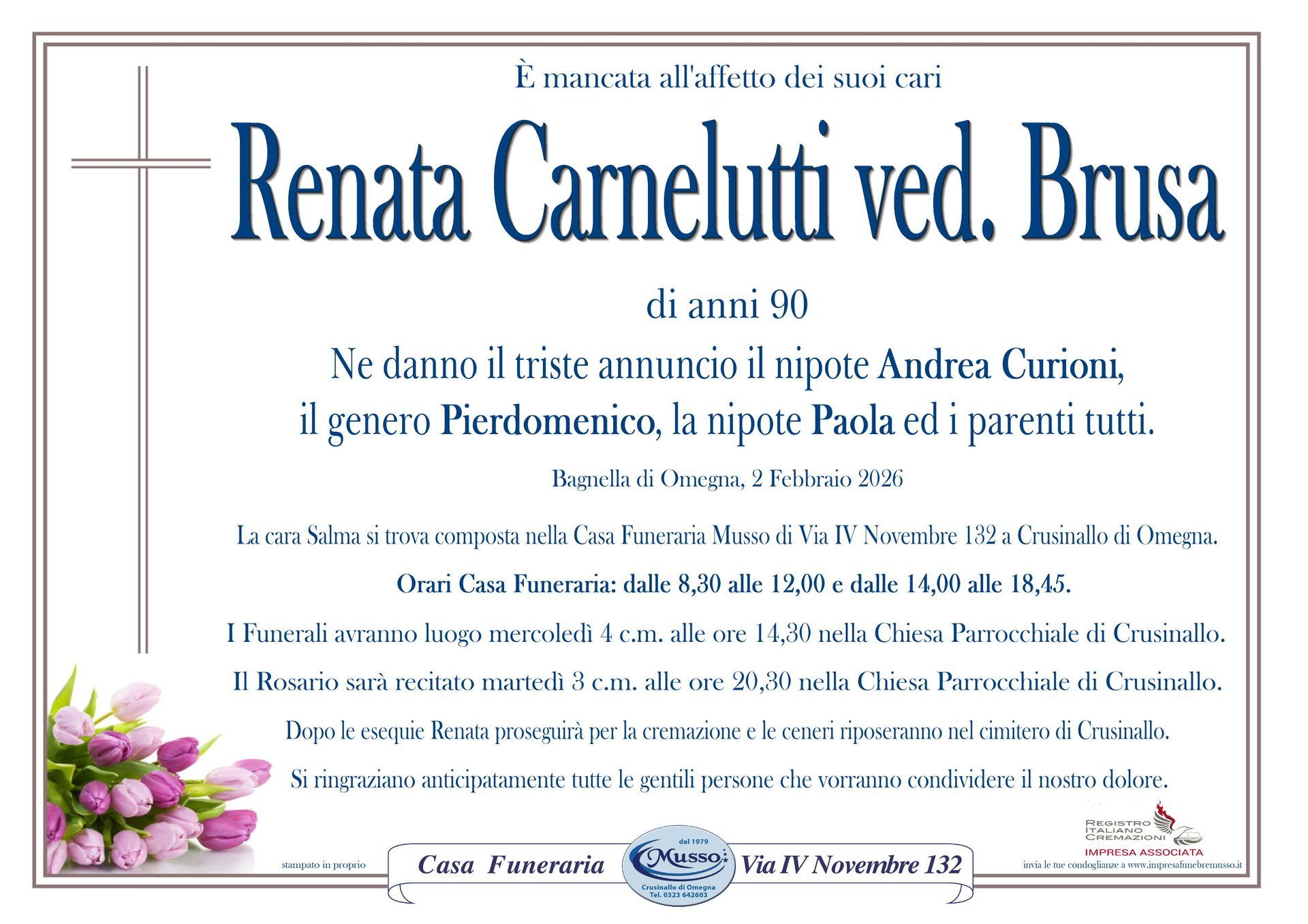 necrologio Renata Carnelutti ved. Brusa