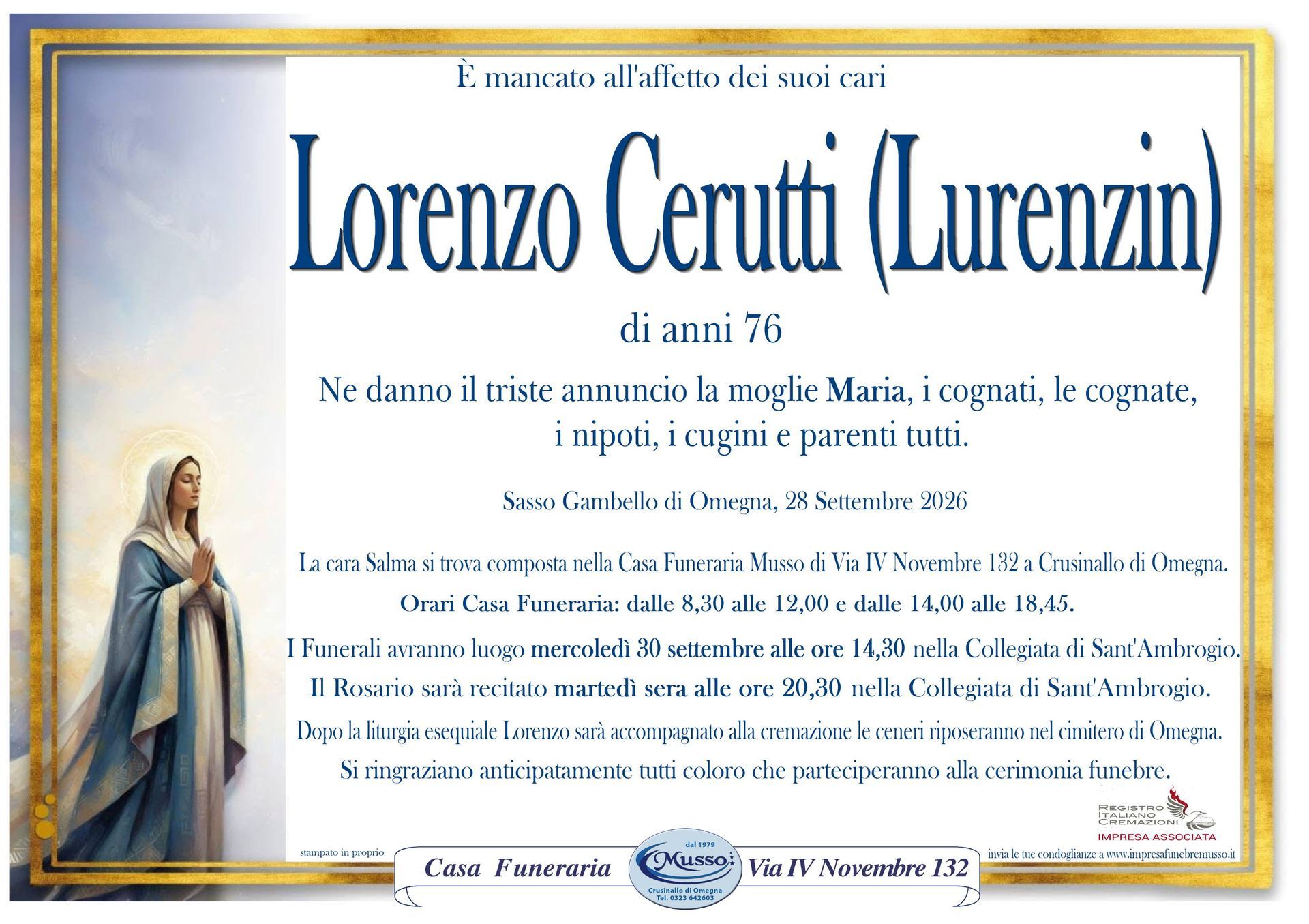 necrologio Cerutti Lorenzo (Lurenzin)