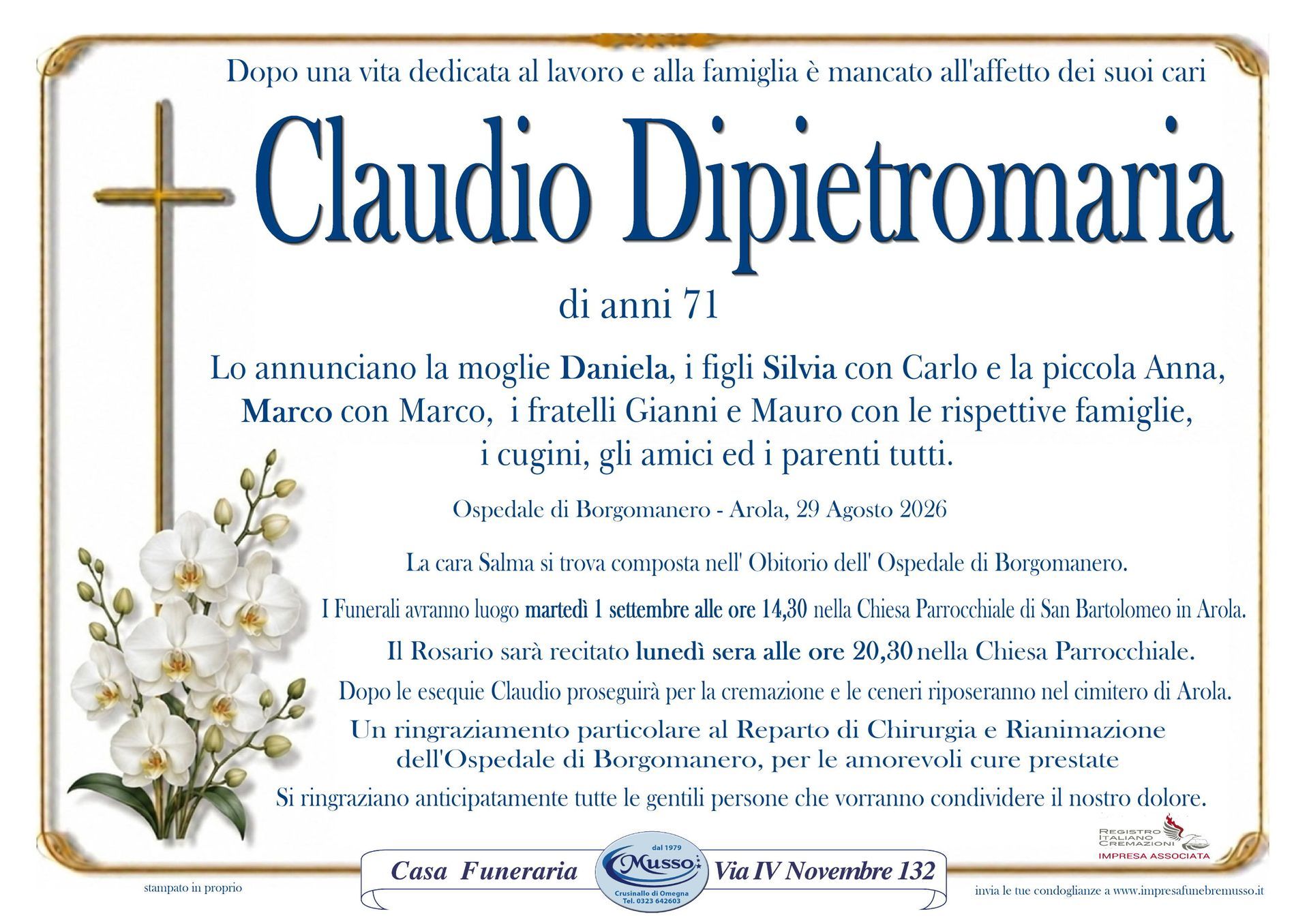 necrologio Dipietromaria Claudio