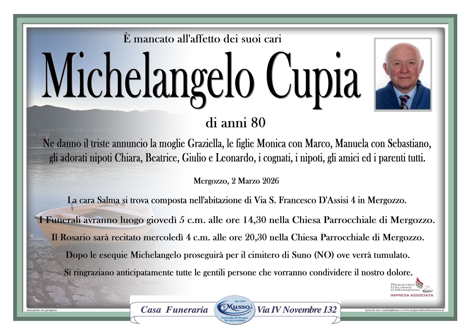 necrologio Michelangelo Cupia