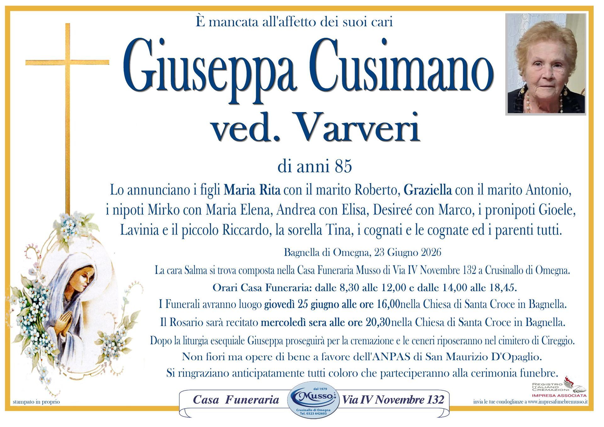 necrologio Giuseppa Cusimano ved. Varveri