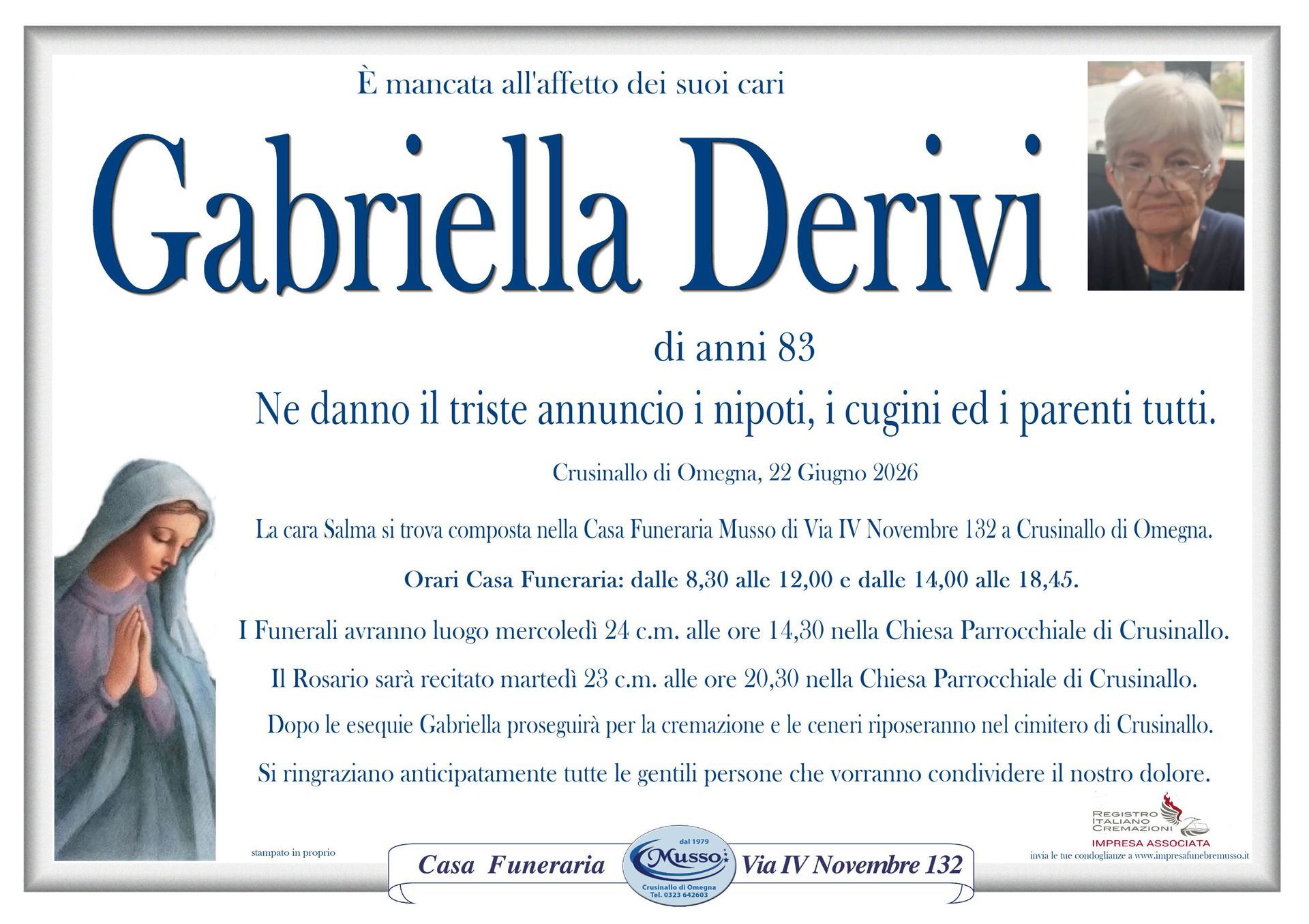 necrologio Gabriella Derivi