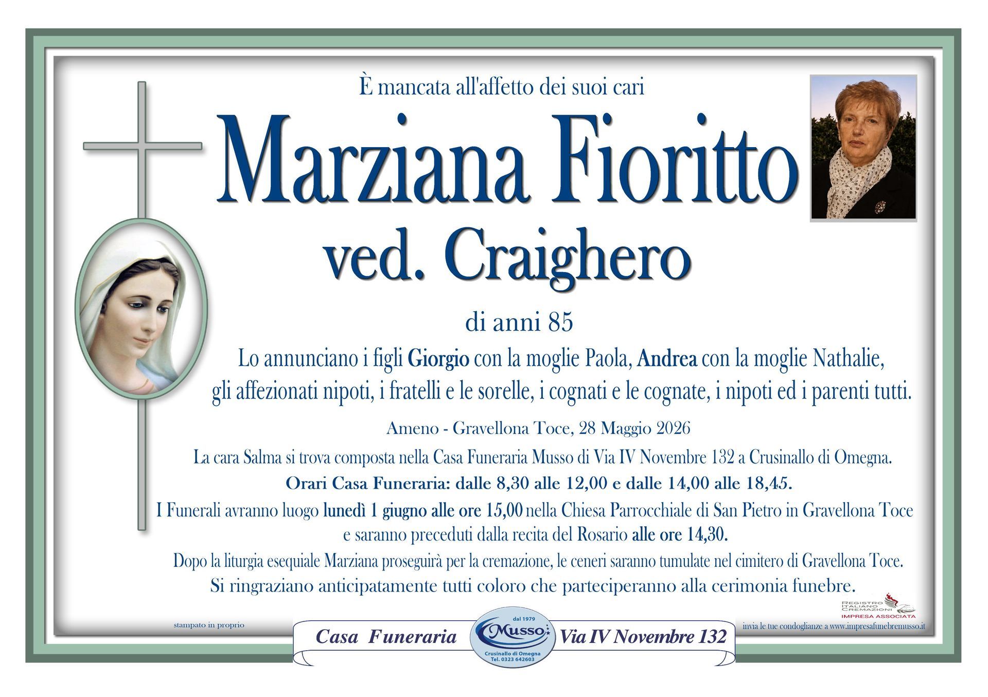 necrologio Fioritto Marziana ved. Craighero