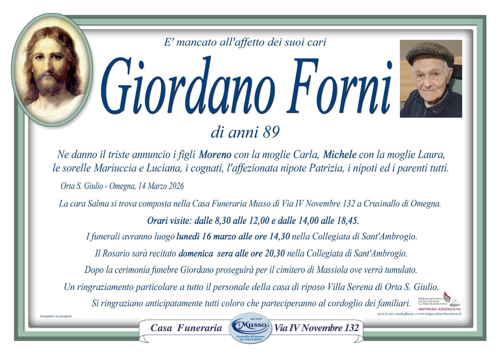 necrologio Giordano Forni