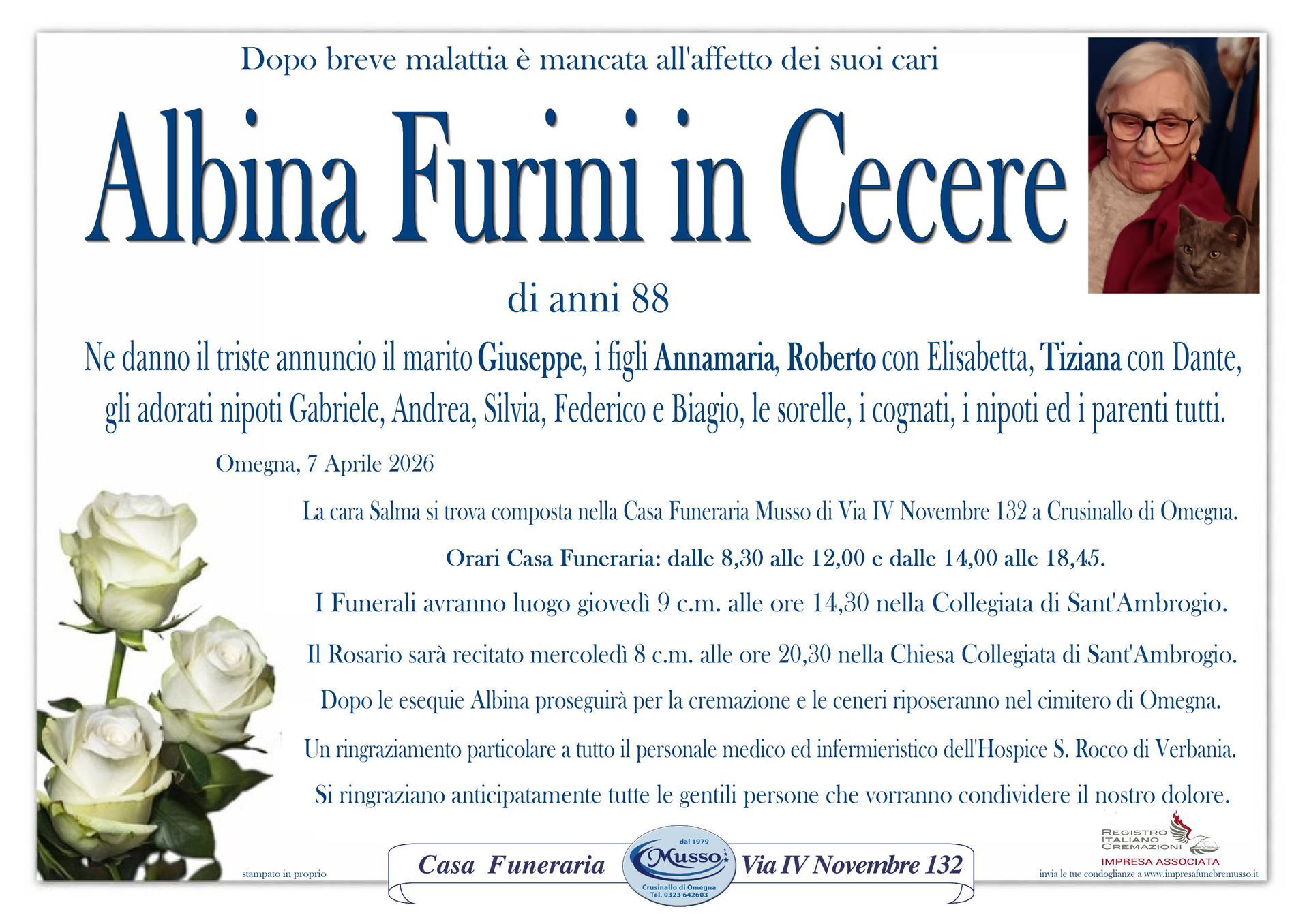 necrologio Albina Furini in Cecere