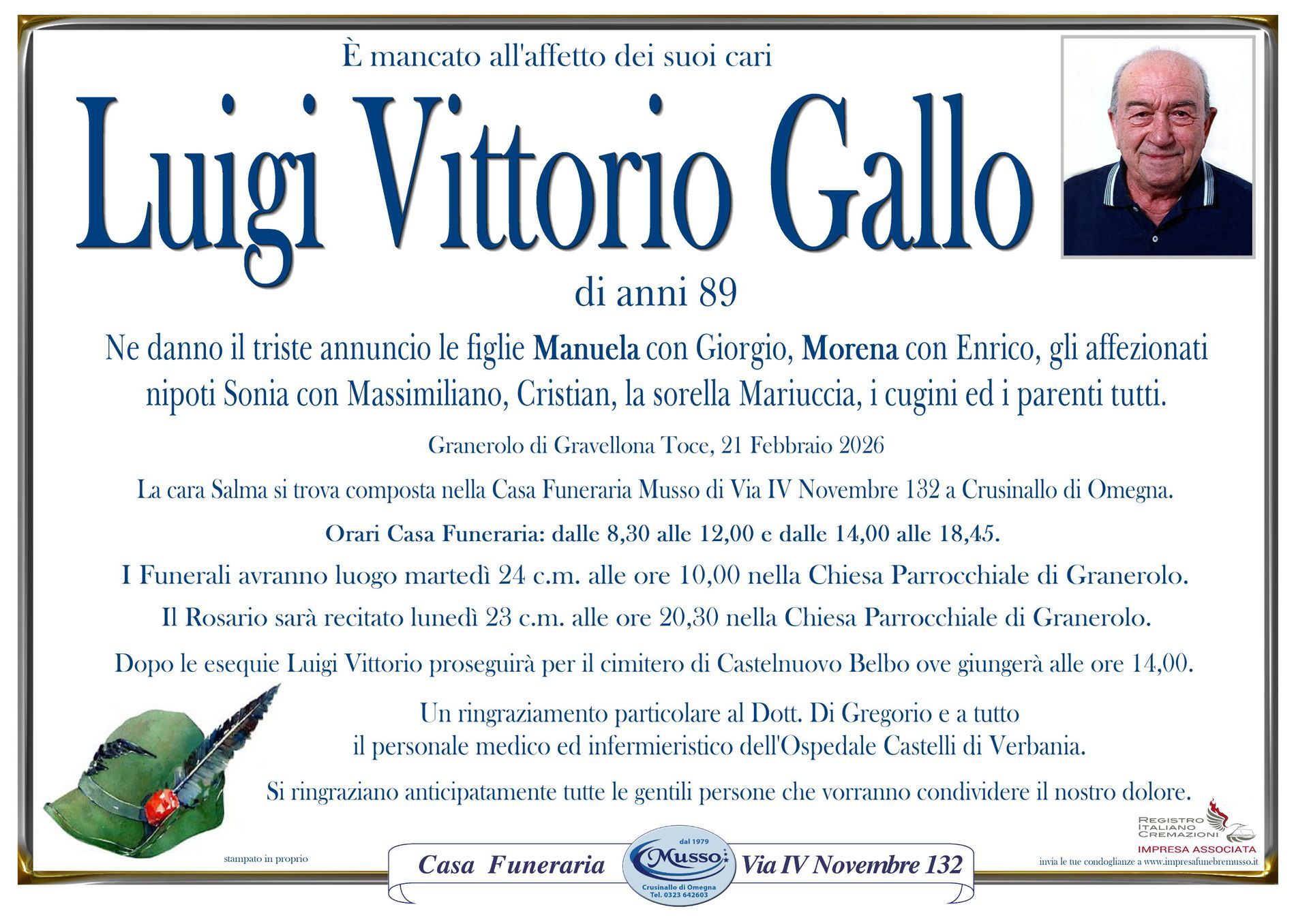 necrologio Luigi Vittorio Gallo