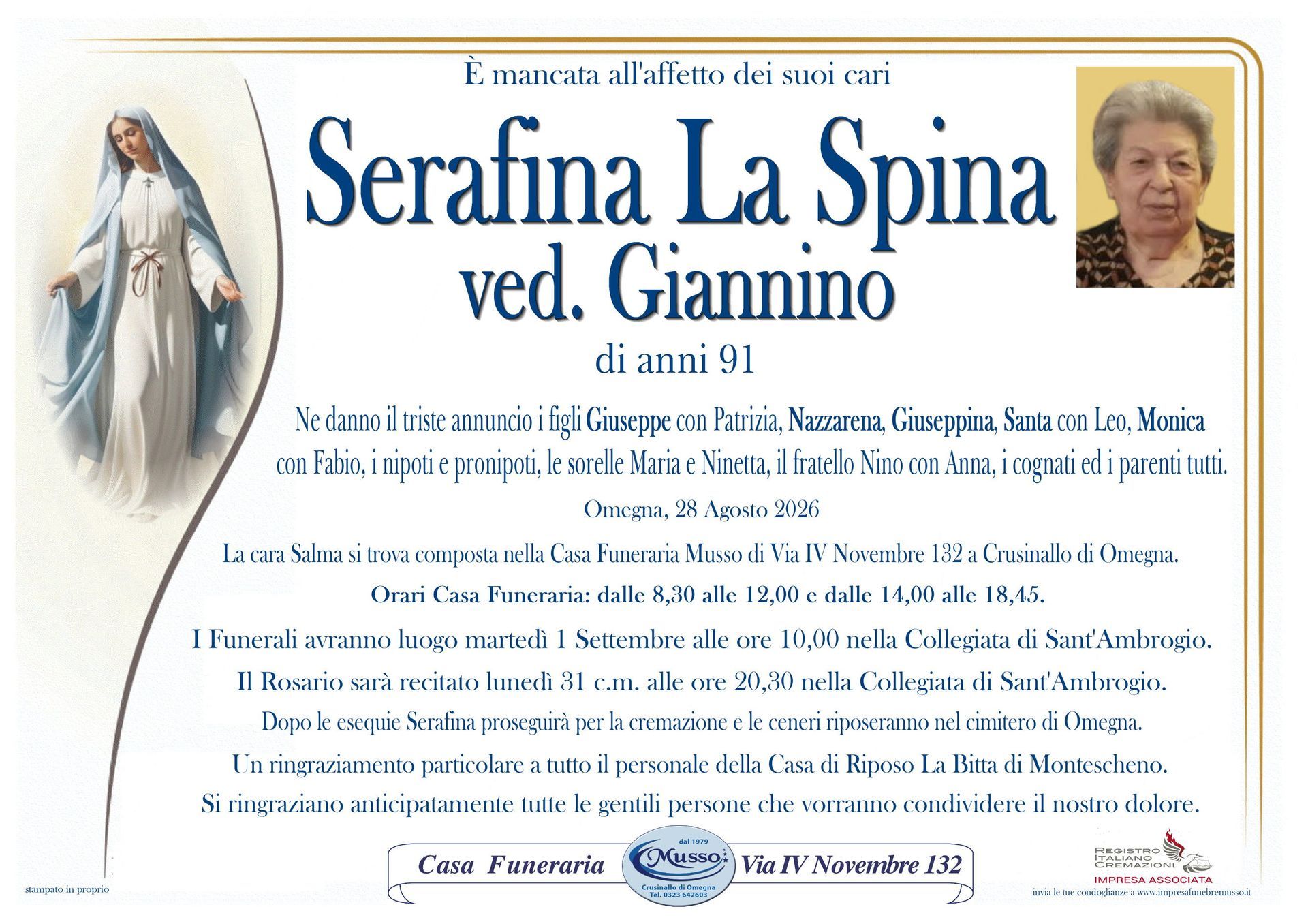 necrologio Serafina La Spina ved. Giannino