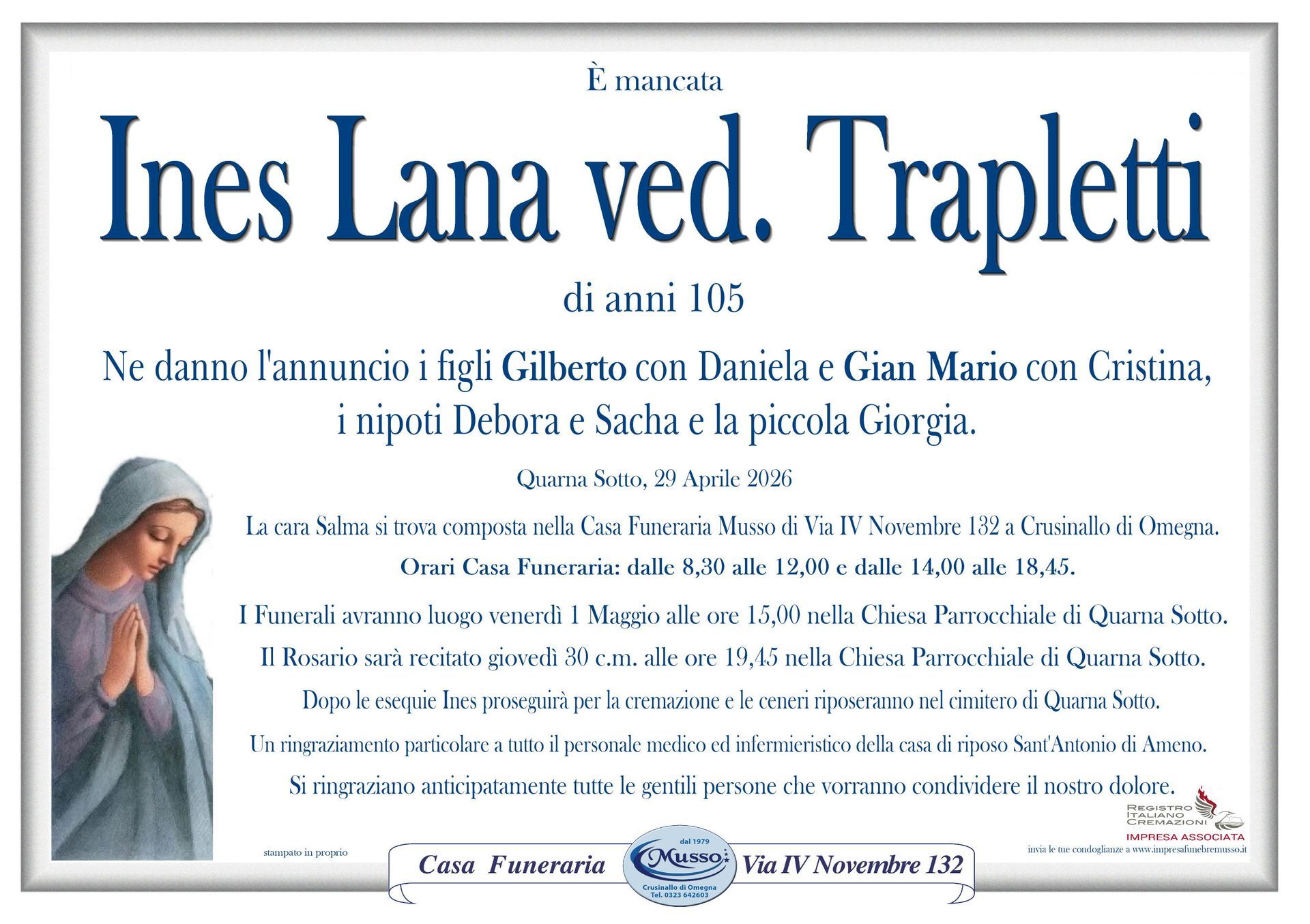necrologio Ines Lana ved. Trapletti
