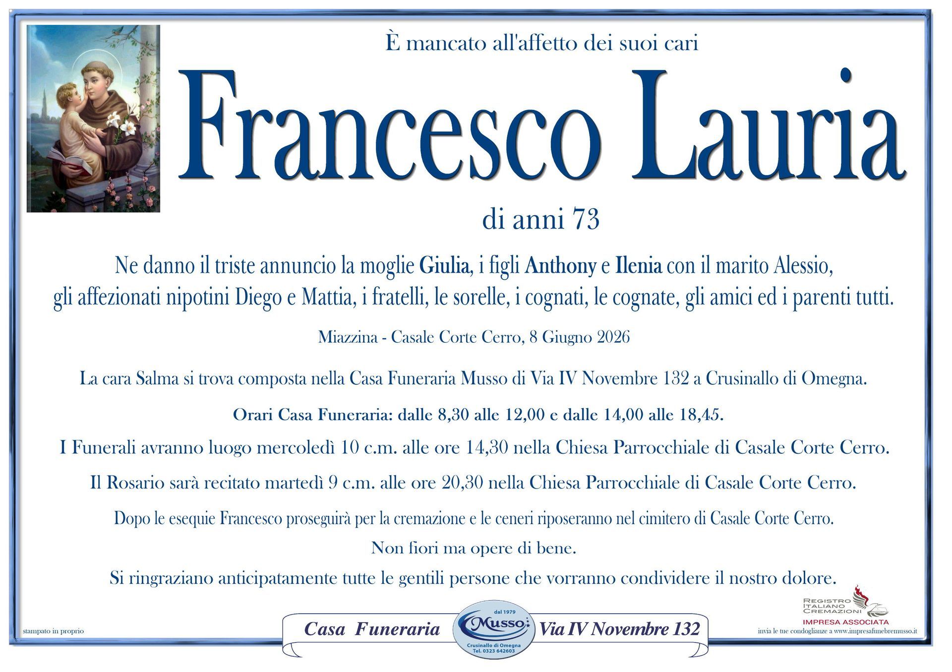 necrologio Lauria Francesco