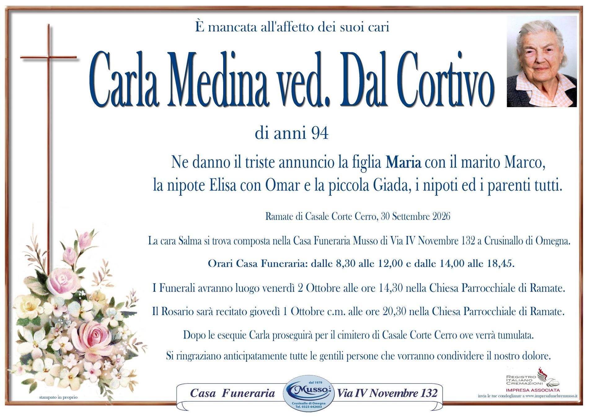 necrologio Carla Medina ved. Dal Cortivo