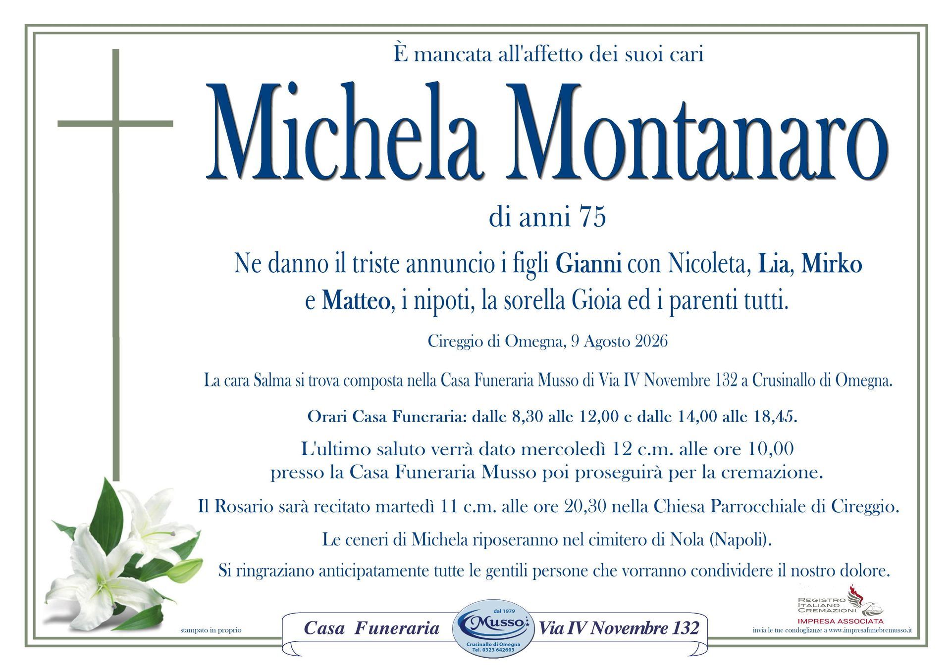necrologio Michela Montanaro