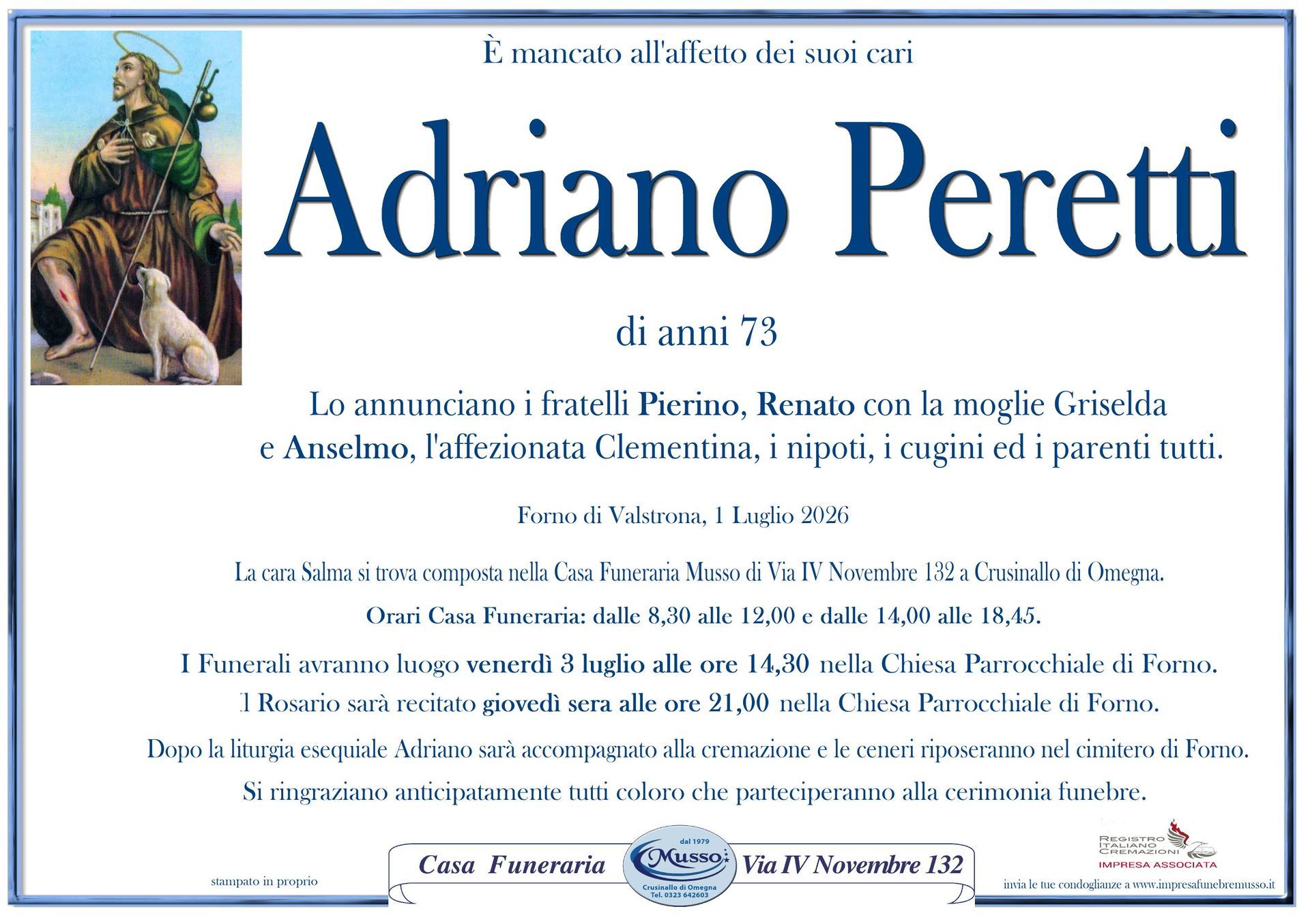 necrologio Peretti Adriano