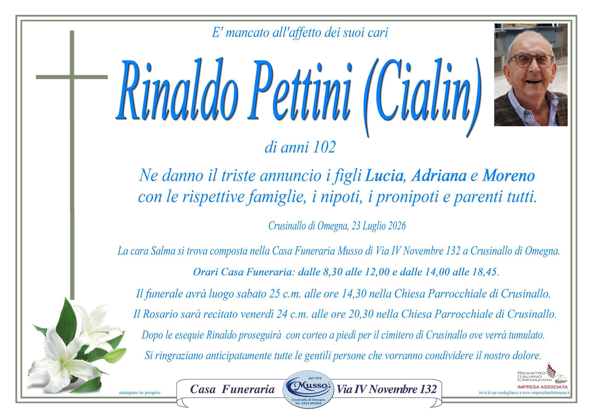 necrologio Rinaldo Pettini (Cialin)