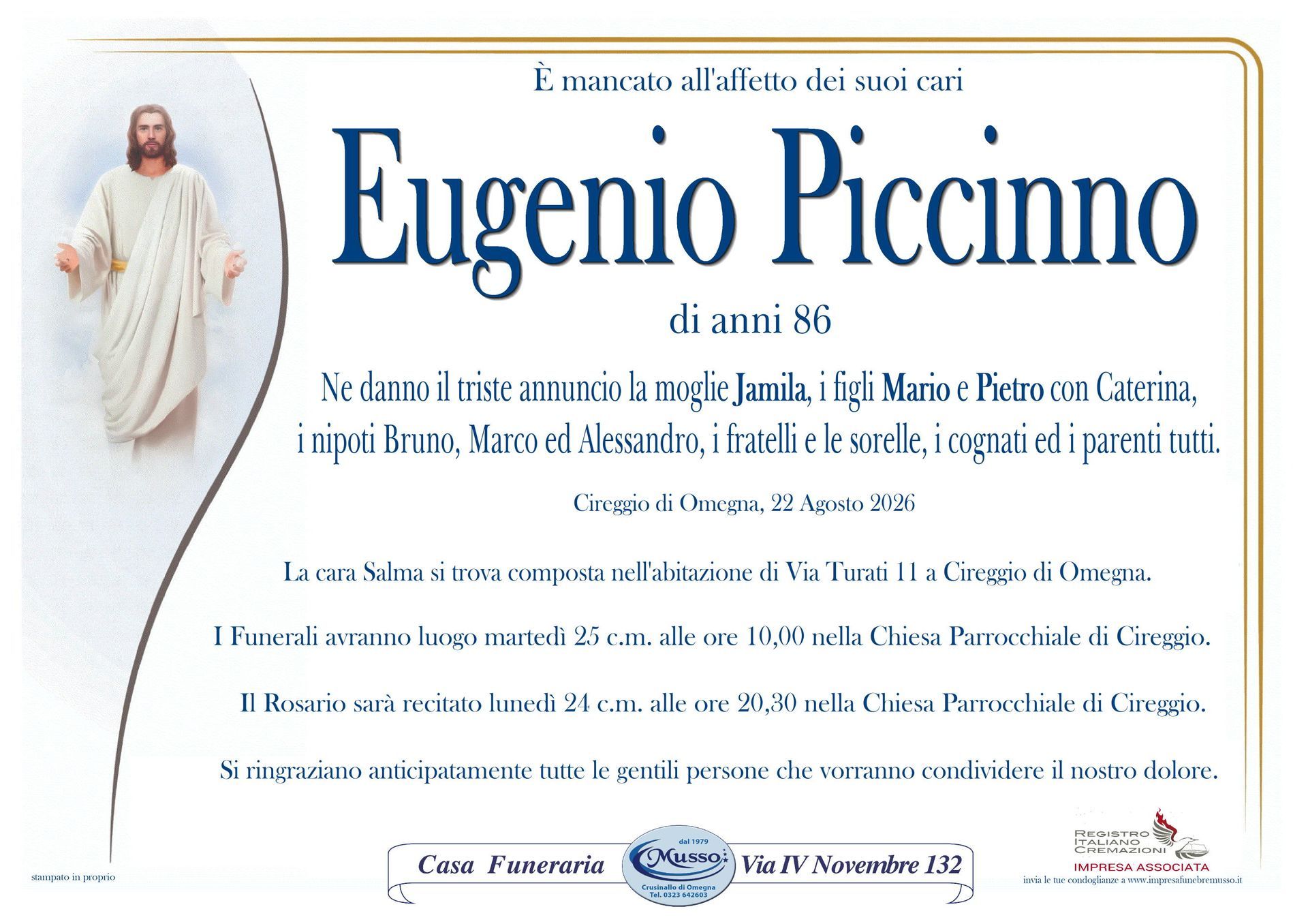 necrologio Eugenio Piccinno