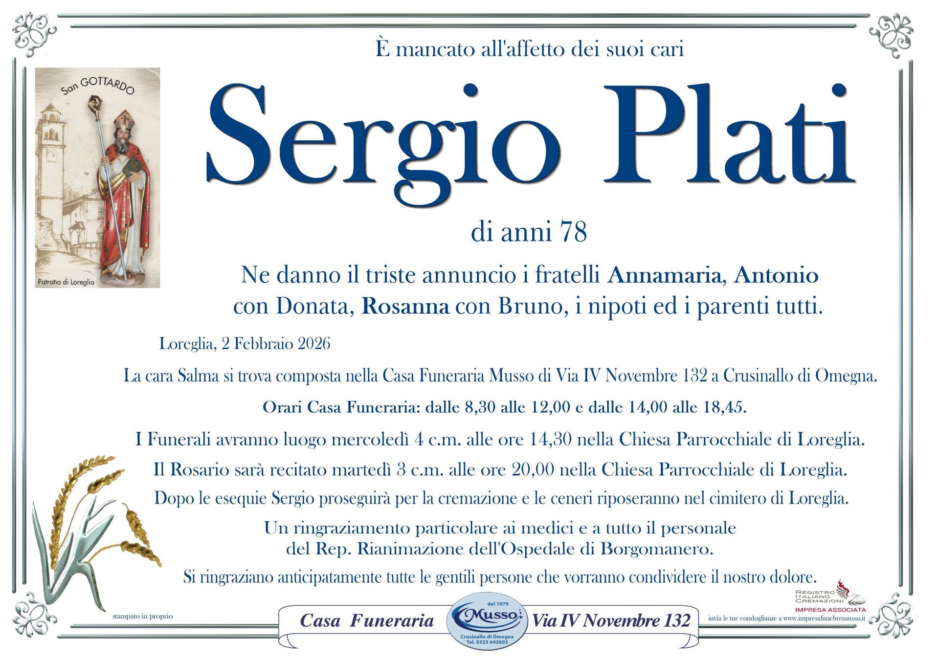 necrologio Sergio Plati