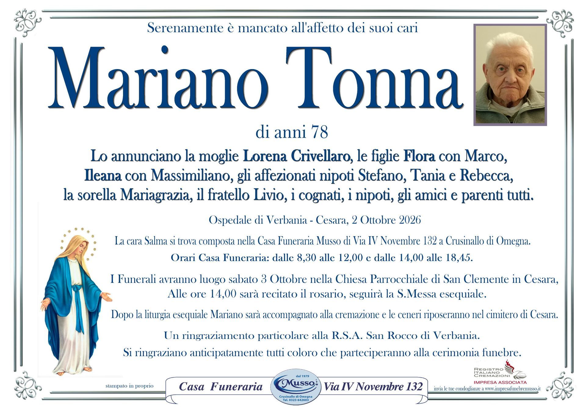 necrologio Tonna Mariano