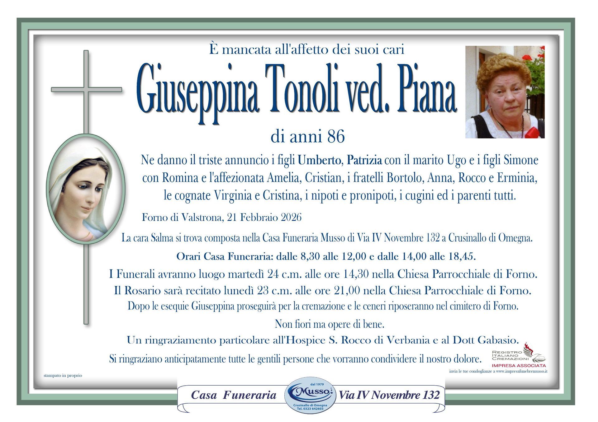 necrologio Giuseppina Tonoli ved. Piana