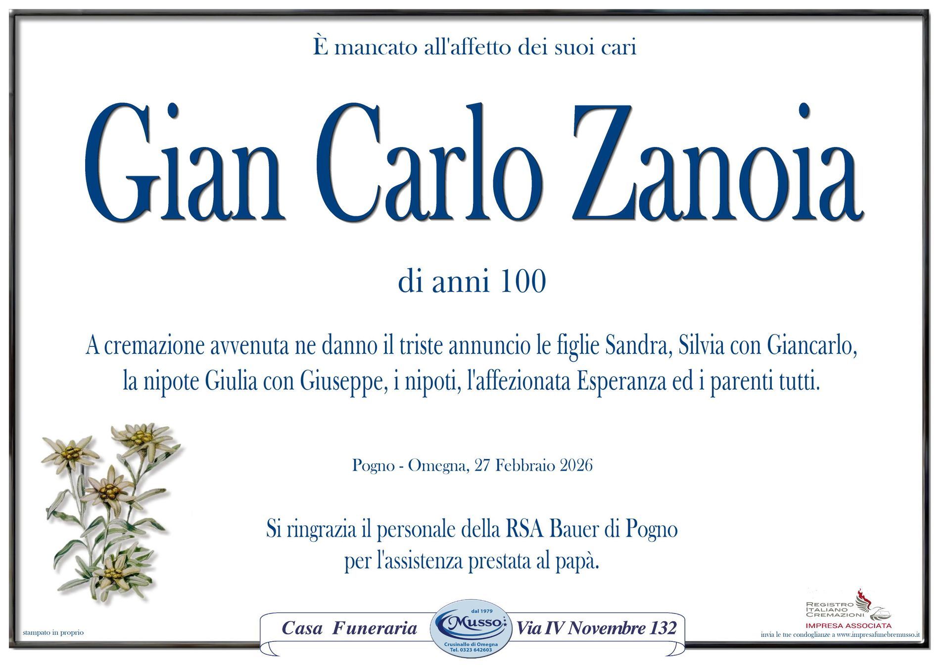 necrologio Zanoia Gian Carlo