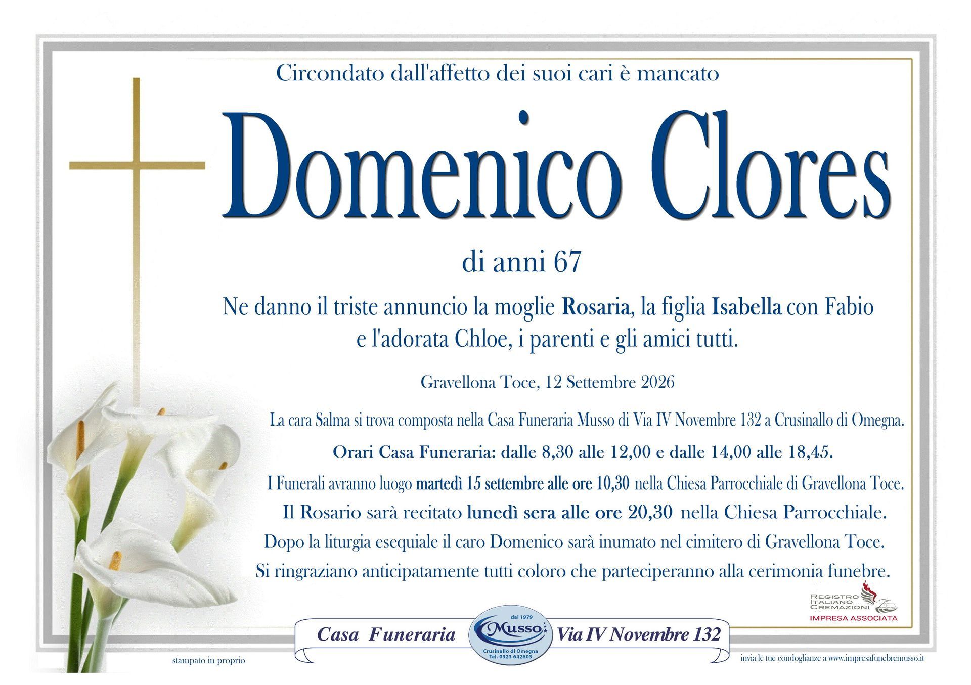 necrologio Clores Domenico
