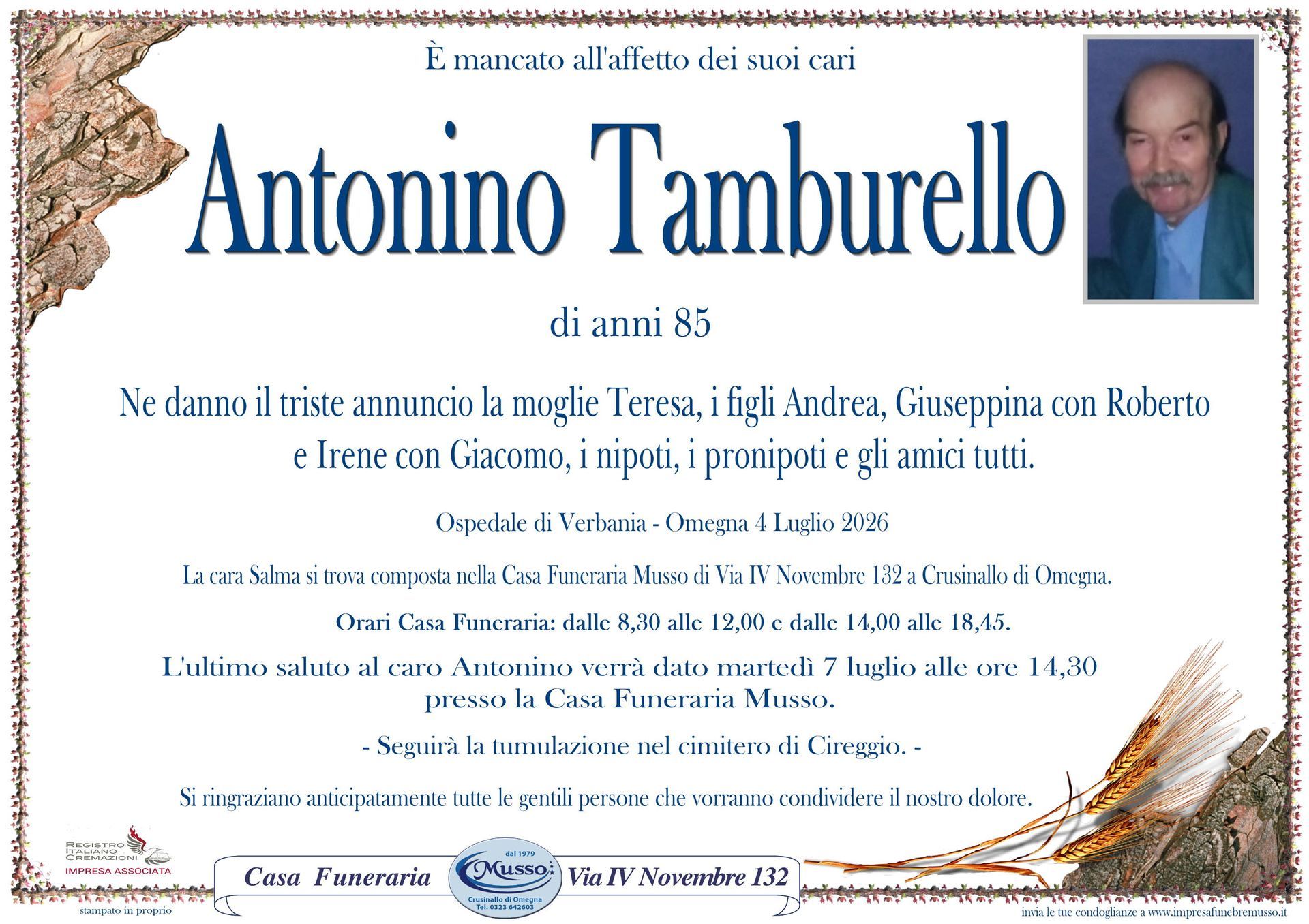 necrologio Tamburello Antonino