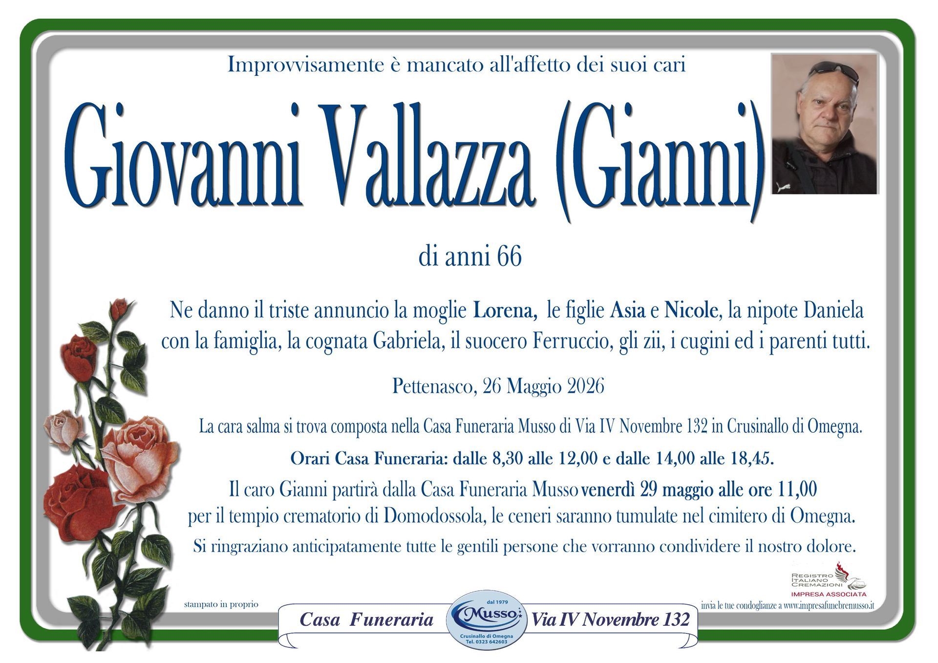 necrologio Vallazza Giovanni (Gianni)