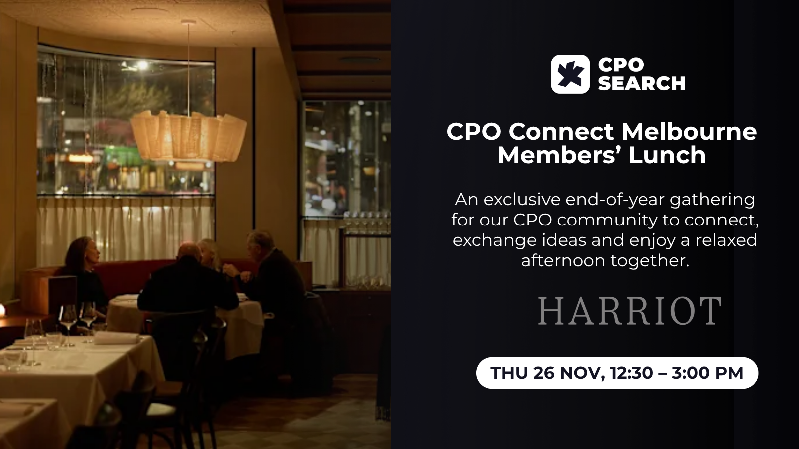CPO Connect Melbourne Members Lunch.  Image of restaurant and event details.