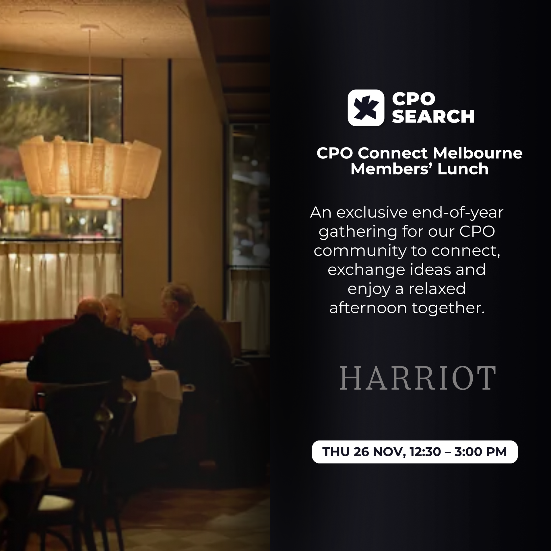 CPO Connect Melbourne Members Lunch.  Image of restaurant and event details.