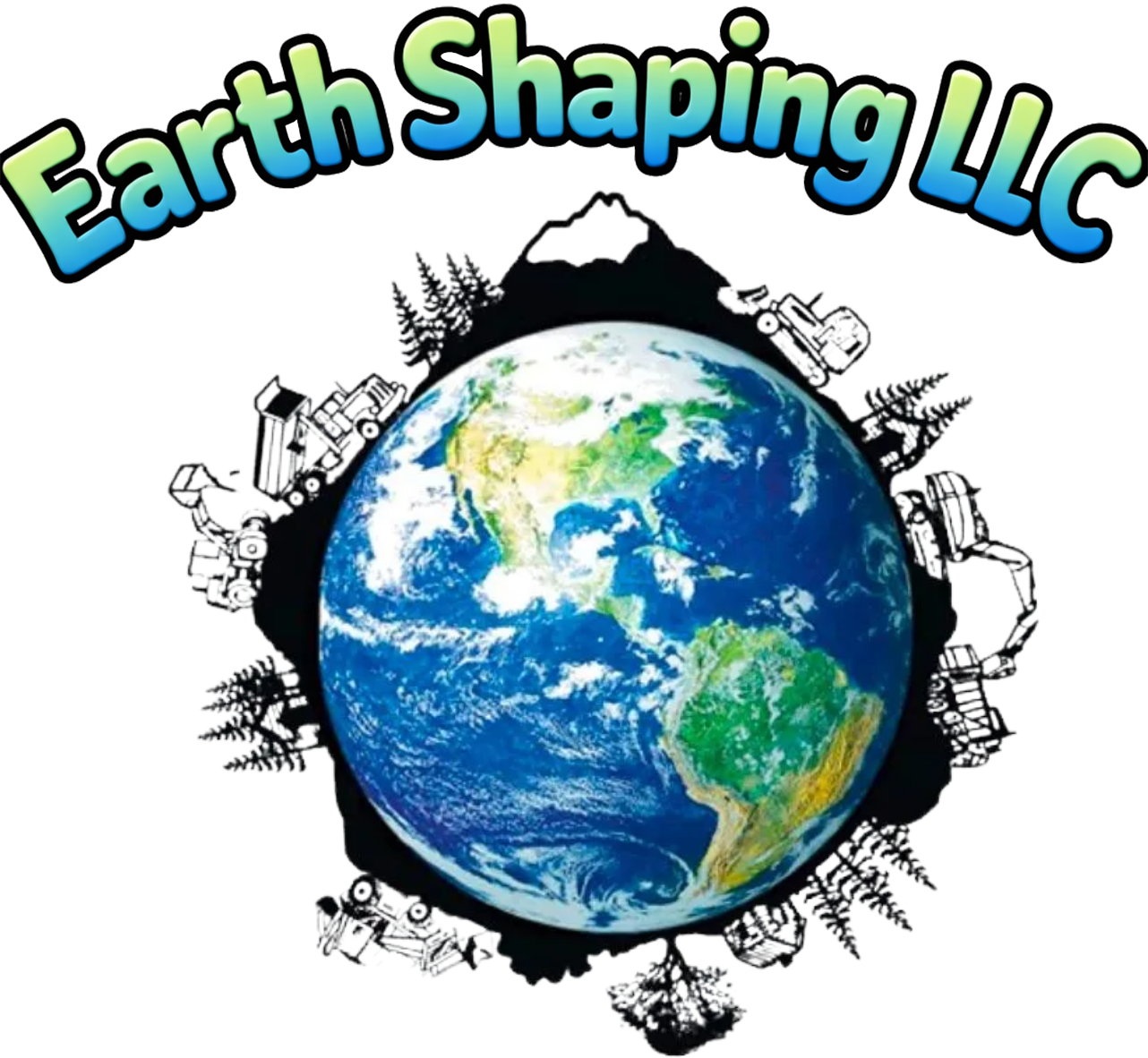 Logo for Earth Shaping LLC: Earth surrounded by construction equipment; mountain, trees, and blue/green text.