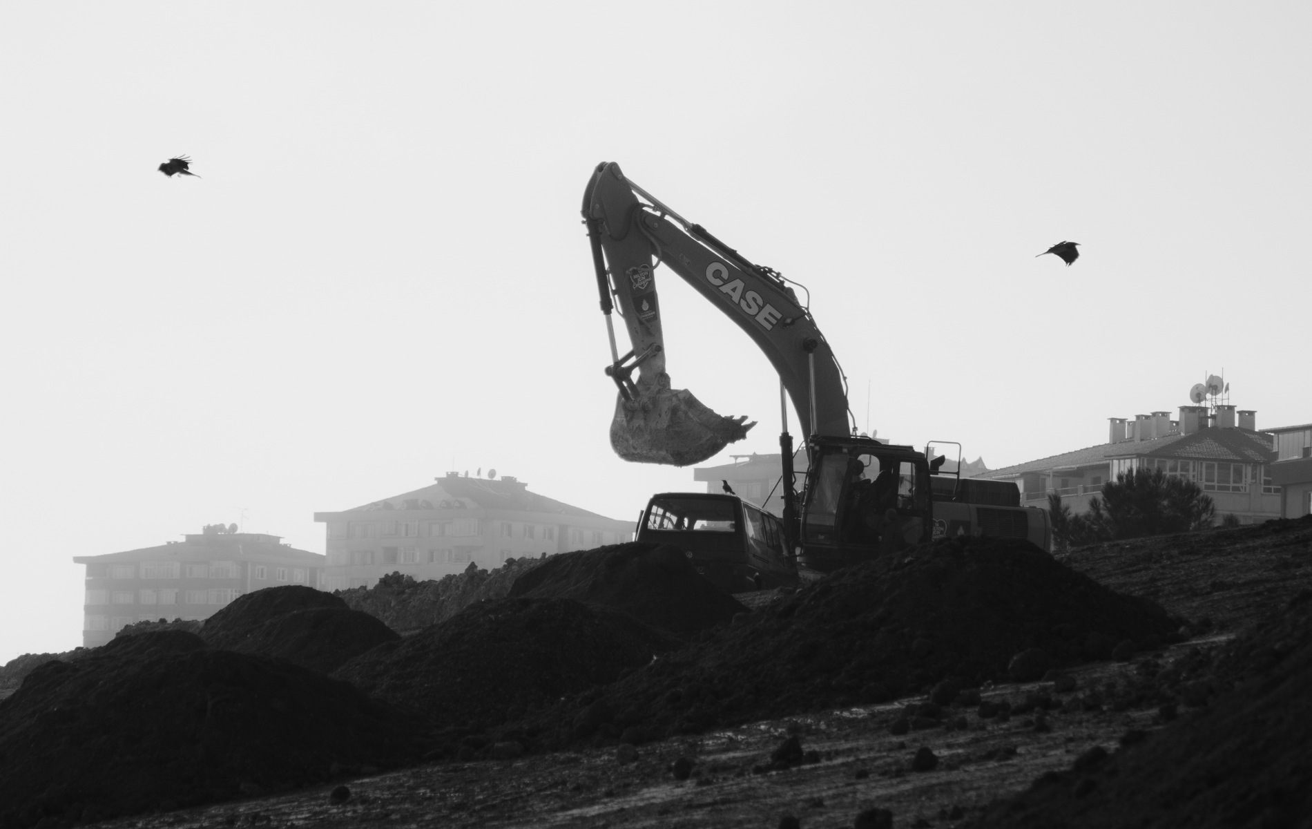 Black and white photo of an excavator moving earth on a construction site, with buildings in the background and birds flying.