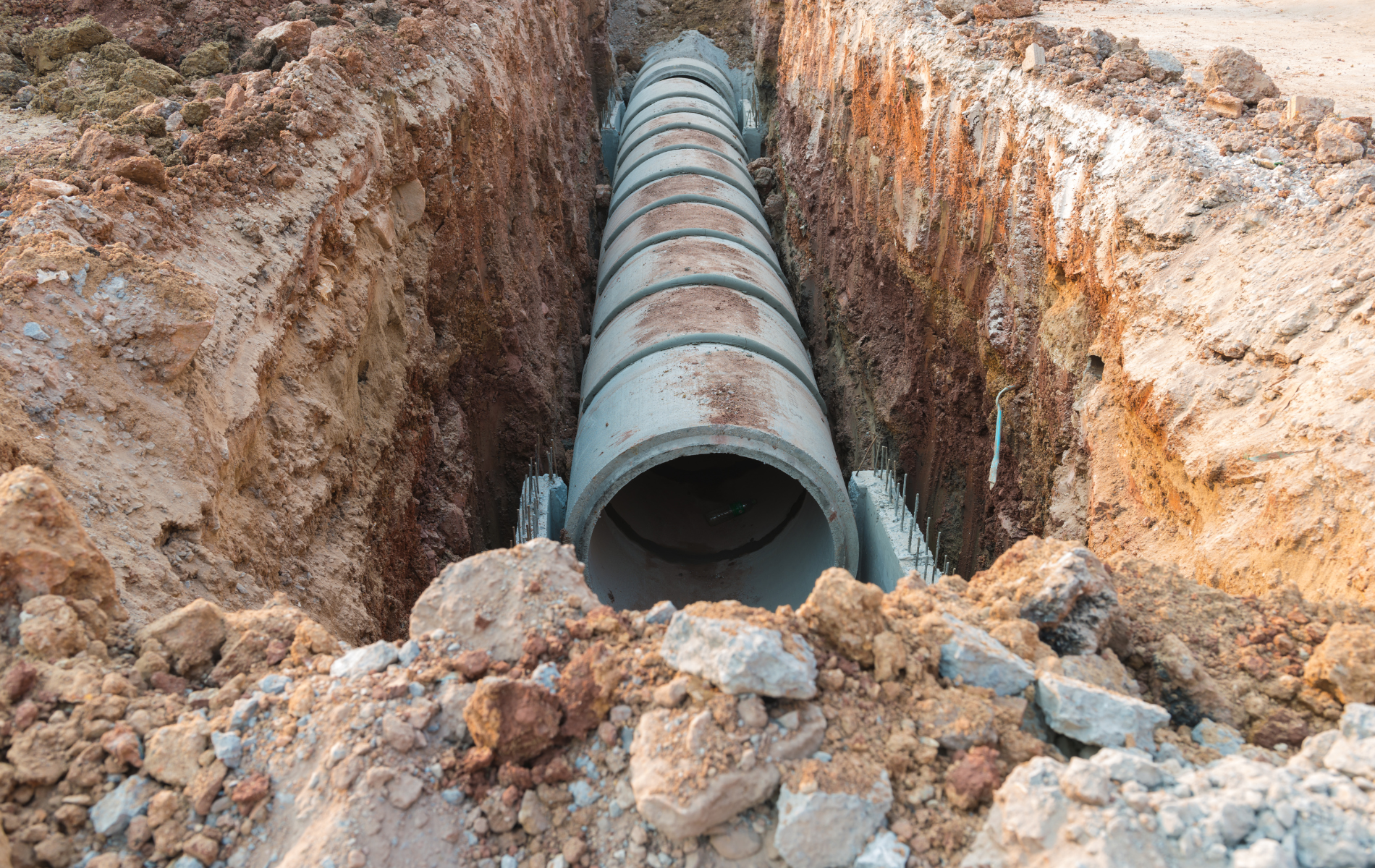 Concrete drainage pipes in an open trench, surrounded by dirt and rocks.