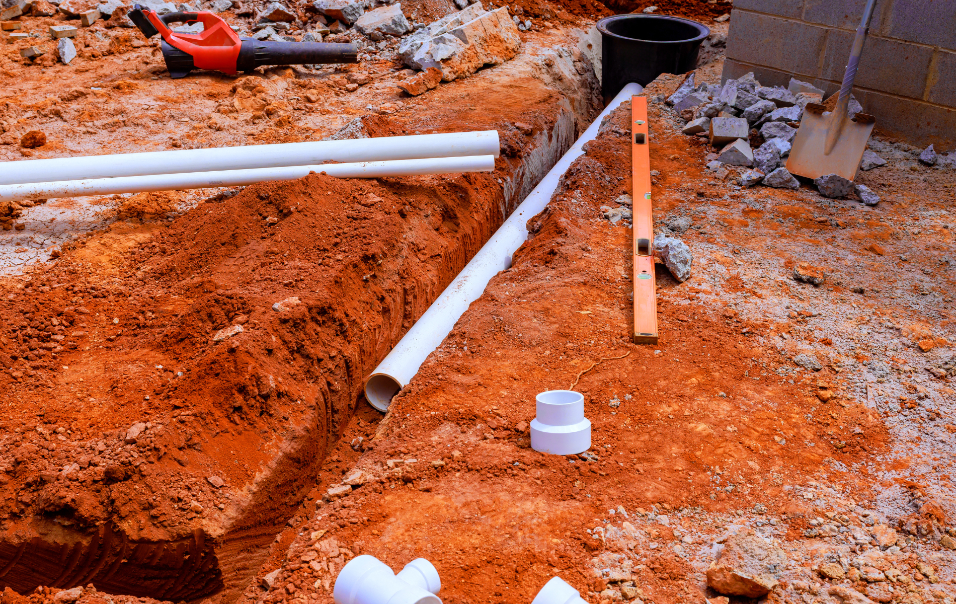 Trench dug in red soil with white PVC pipes, level, and plumbing fittings for a construction project.