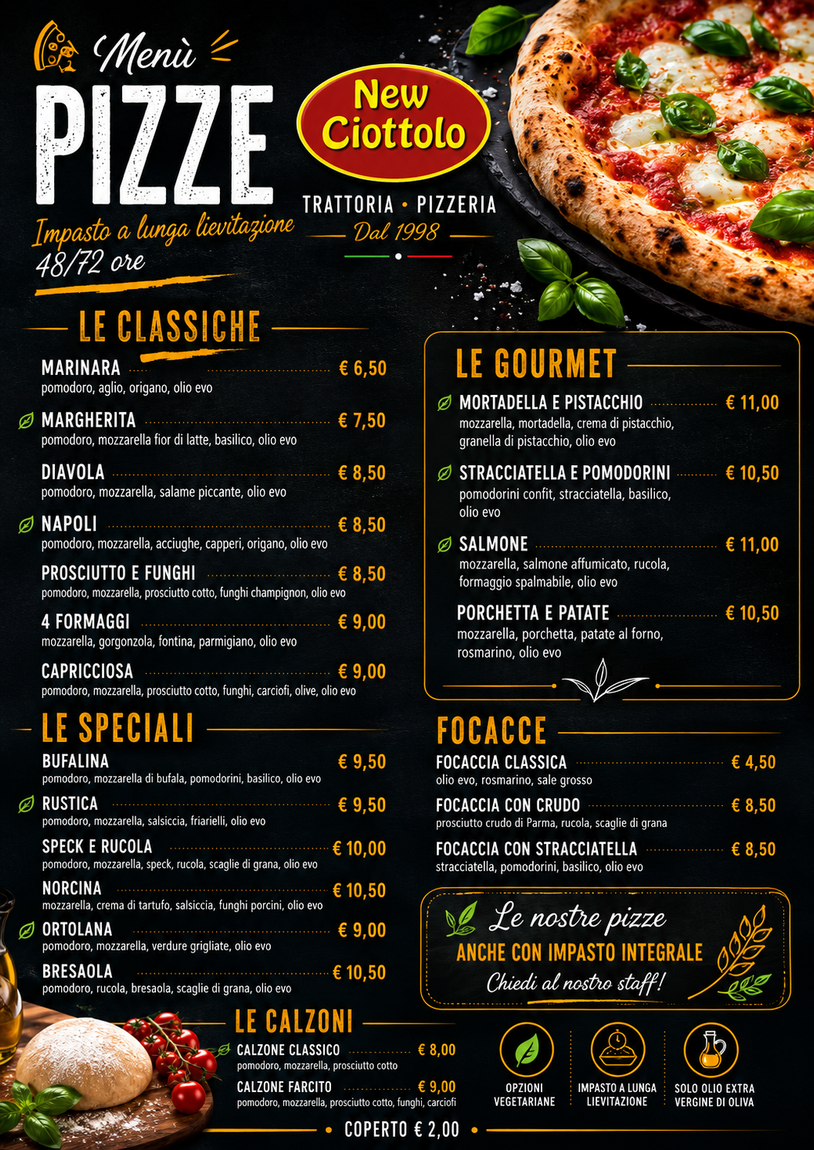 Menù di pizze in nero e oro con foto delle pizze e elenco di opzioni classiche, speciali, gourmet e personalizzate.