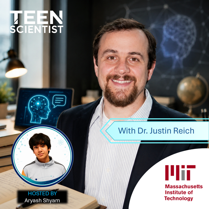 Teen Scientist podcast promotional image — Aryash Shyam as host