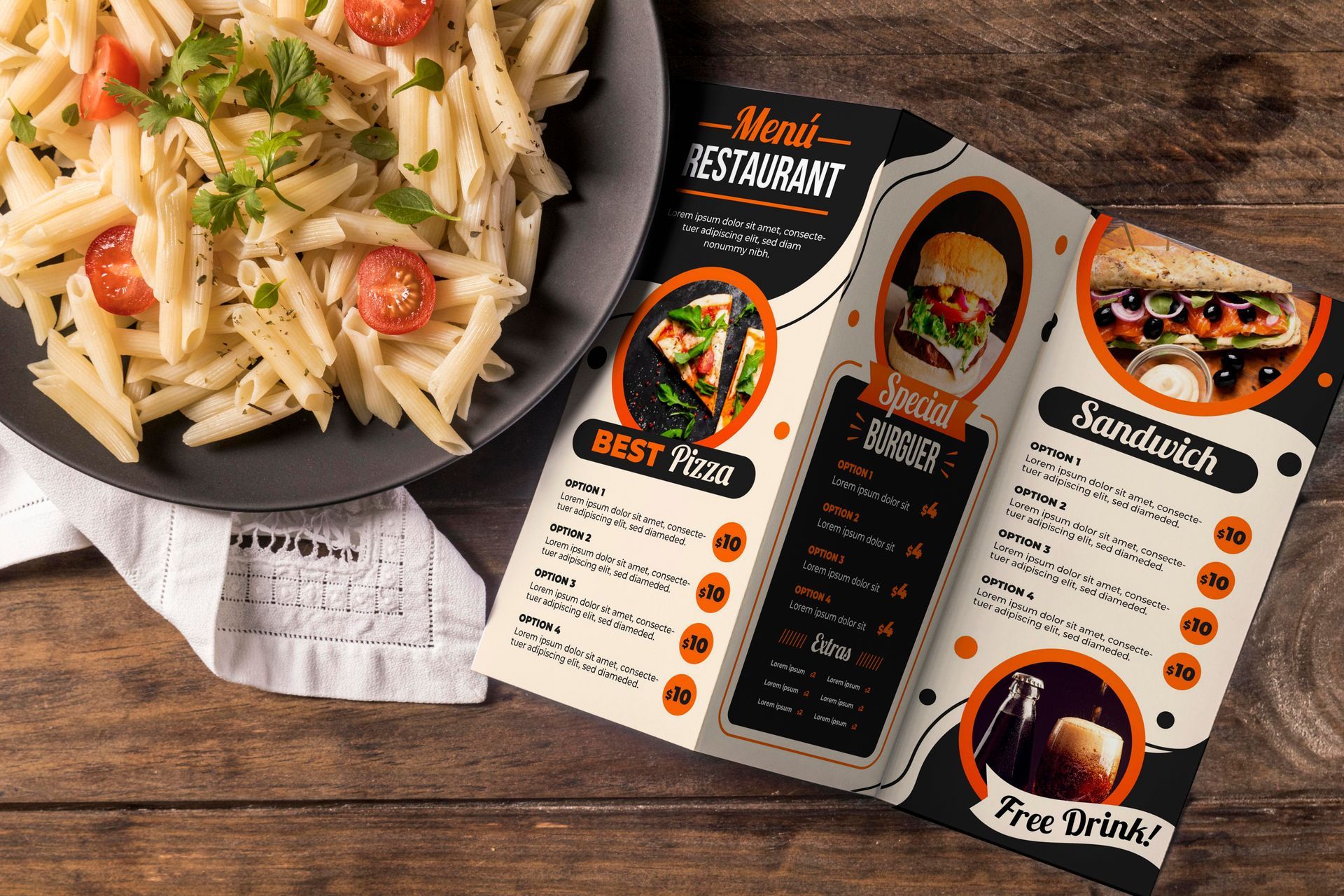 A plate of pasta and a menu on a wooden table.