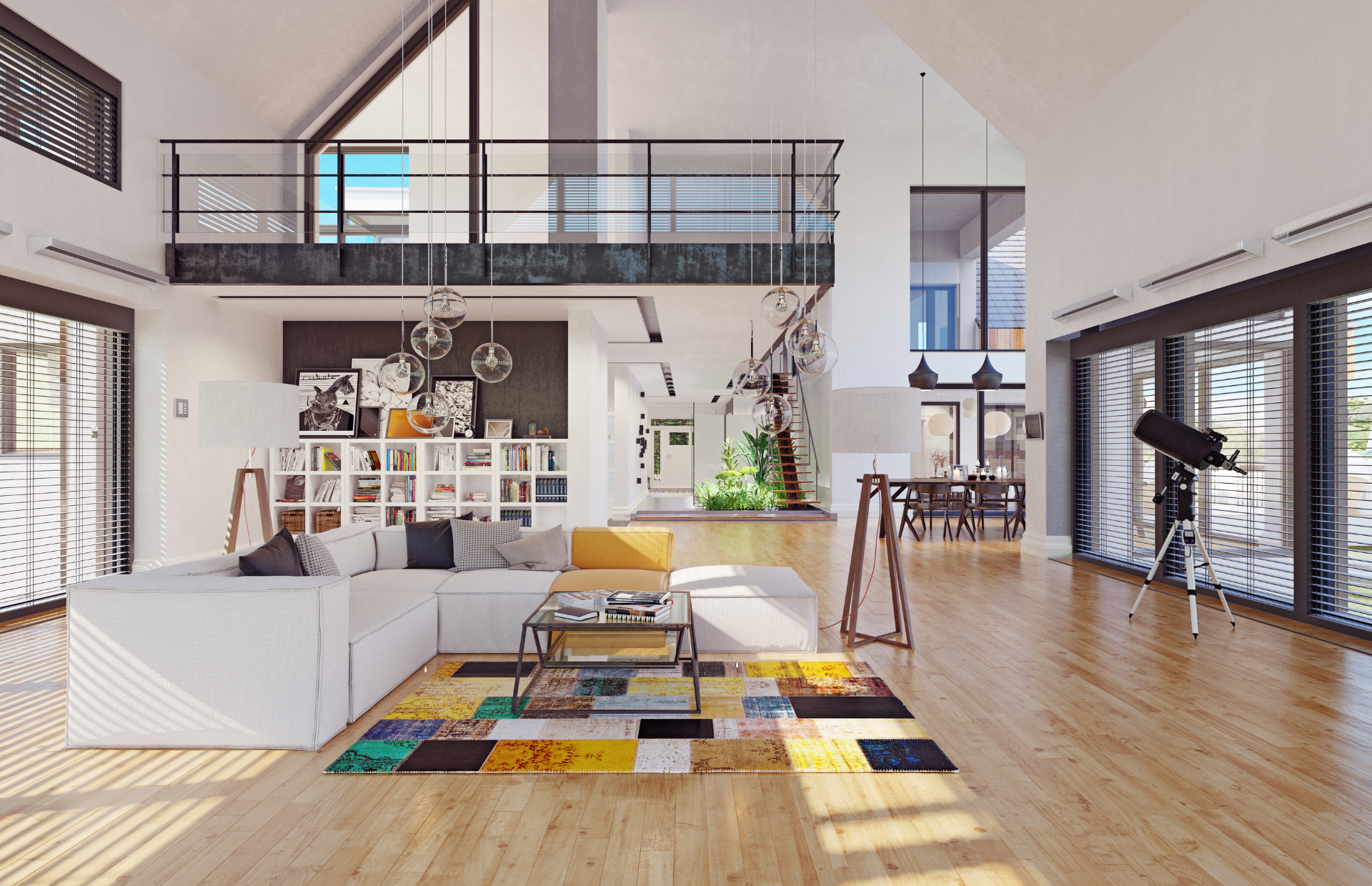 Bright modern loft living room with white sofas, colorful rug, wooden floors, and mezzanine balcony