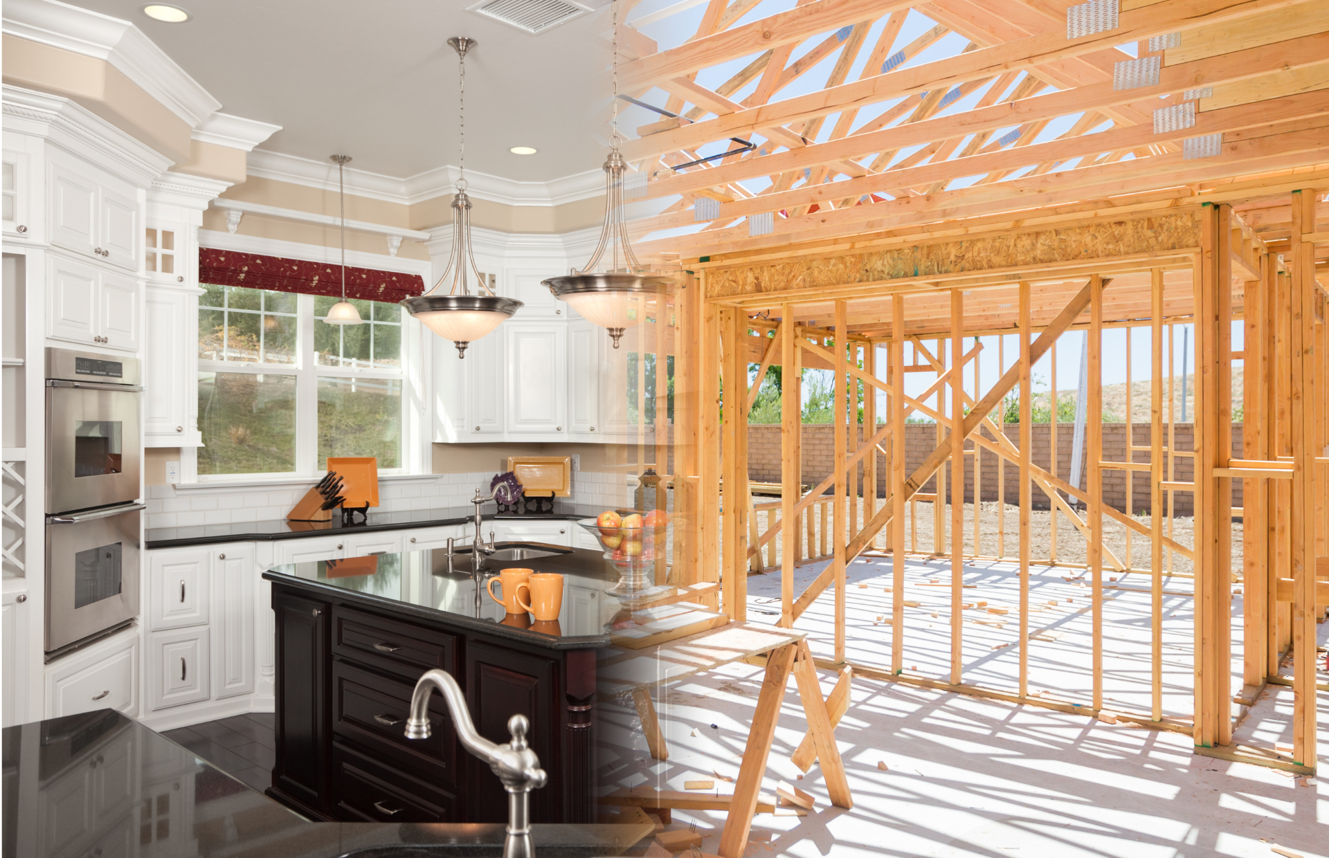 Kitchen under construction with exposed wooden framing beside finished white cabinetry and island