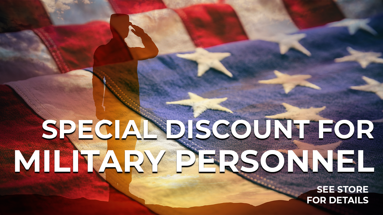 American flag background with a silhouette of a saluting soldier; text promoting a military discount.
