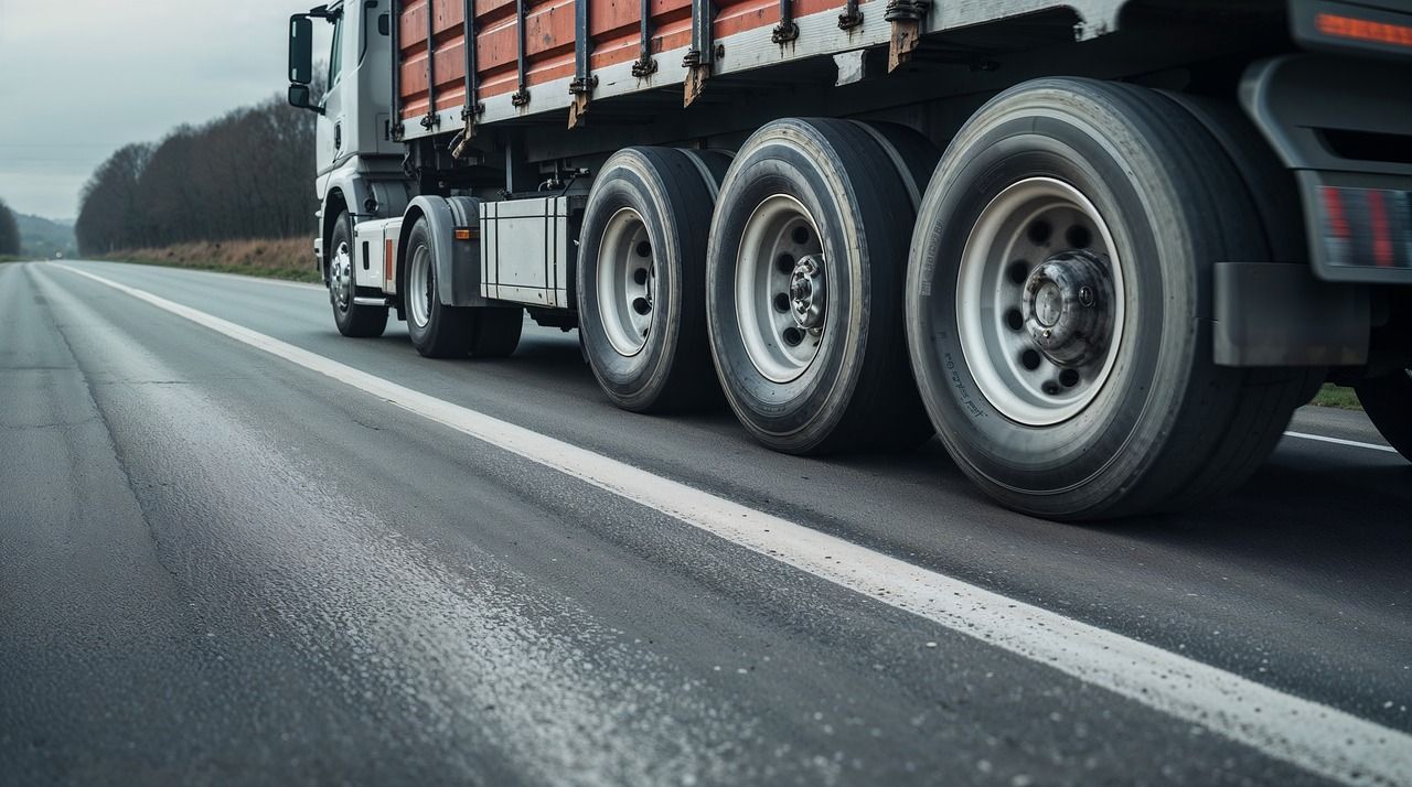 Semi-truck driving on a gray asphalt road with white lines, under an overcast sky.
