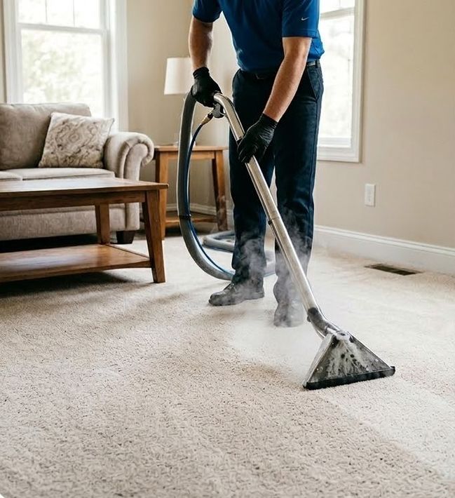 Carpet cleaner using a steam extractor on a beige carpet in a living room