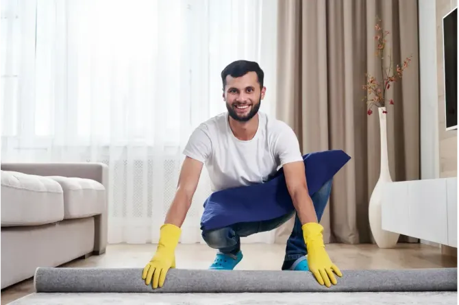 Man in yellow gloves rolling up a gray rug in a bright living room