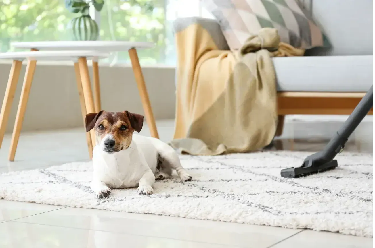 Small brown-and-white dog lying on a rug in a bright living room near a sofa and side table