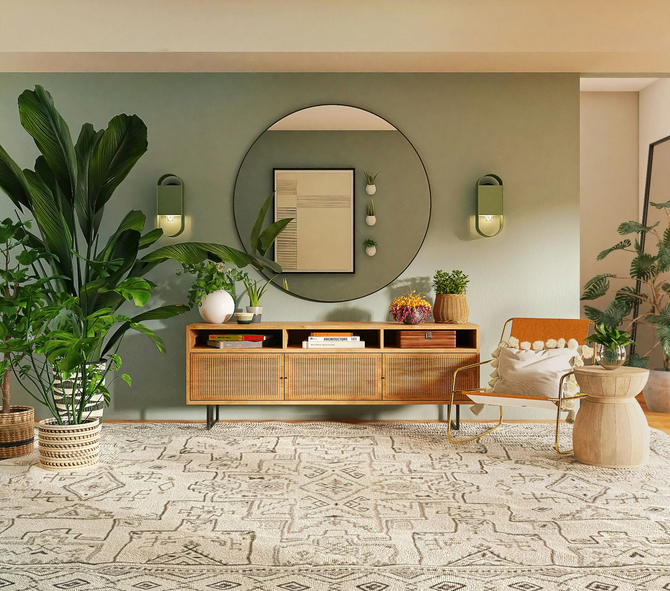 Modern living room with green walls, round mirror, wooden console, and large potted plants