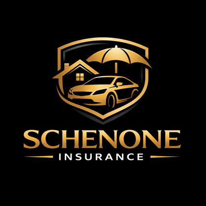 Schenone Insurance gold logo with shield, umbrella, house, and car on black background