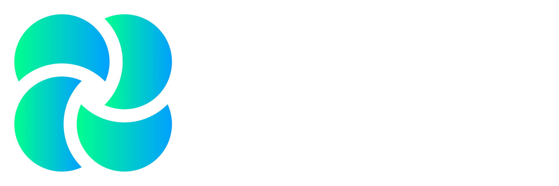 A logo featuring a four-petal design in a gradient of teal and blue.