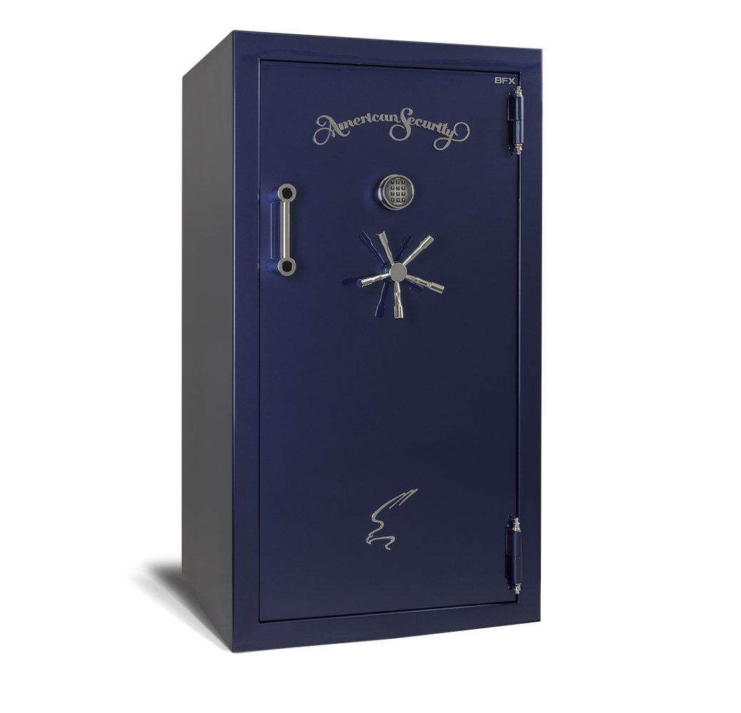 A blue safe with a star on the door