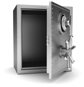A metal safe with the door open on a white background