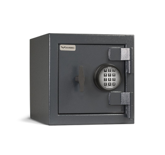 A black safe with a digital lock on a white background.