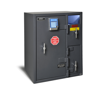 A black safe with a stop sign on the door