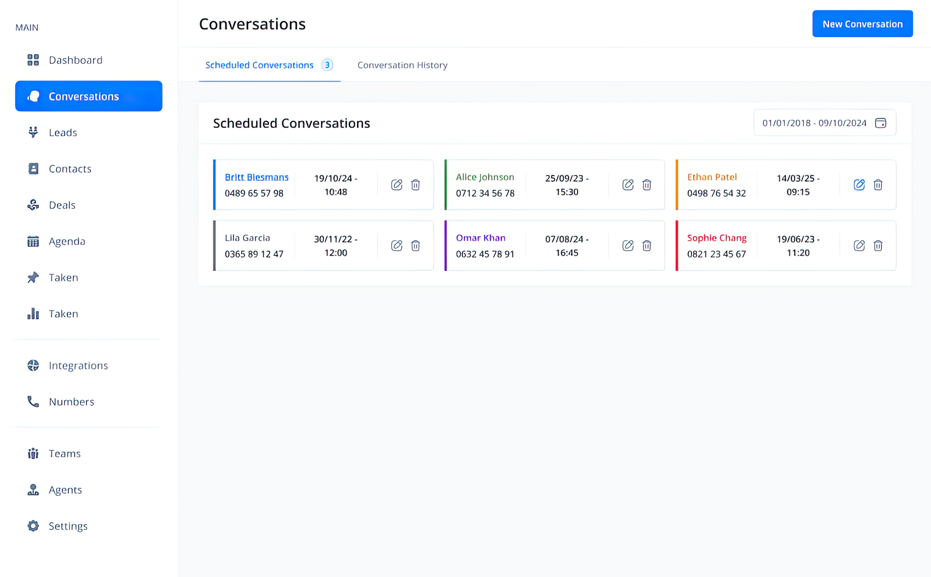 Dashboard displaying scheduled communications with color-coded status indicators.